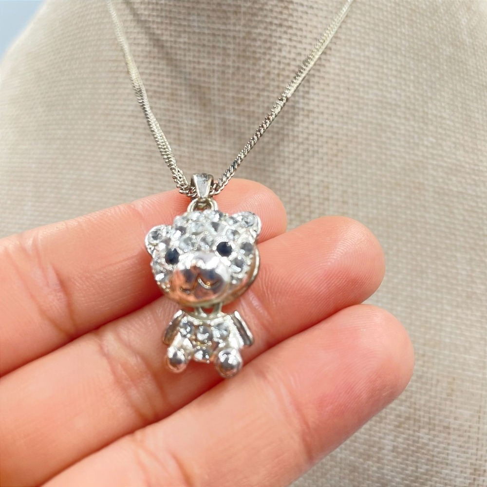 Vintage Silver Tone Curb Chain Rhinestone Pave Teddy Bear Pendant Boho Necklace